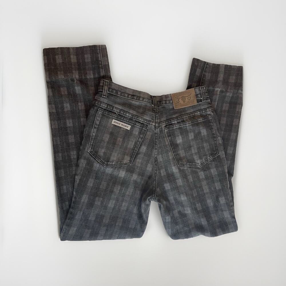 Vintage 1980s Sergio Valente Checkerboard Jeans Black Gray New Wave 30x30 Medium